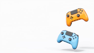 Gerçekçi renkli video oyunu joystickleri ya da beyaz arka planda renk düğmeleri olan gamepad 'ler. Bulut oyunu ve oyun alanı çalışma alanı konsepti için 3 boyutlu görüntüleme