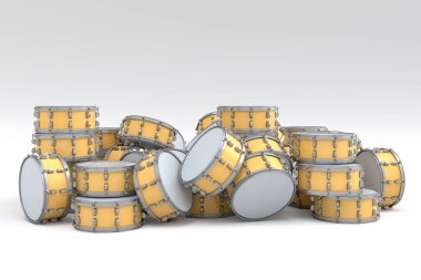 Beyaz arka planda duran davul yığını. 3D render müzik perküsyon enstrümanı, davul makinesi ve bateri seti