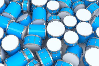 Beyaz arka planda duran davul yığını. 3D render müzik perküsyon enstrümanı, davul makinesi ve bateri seti