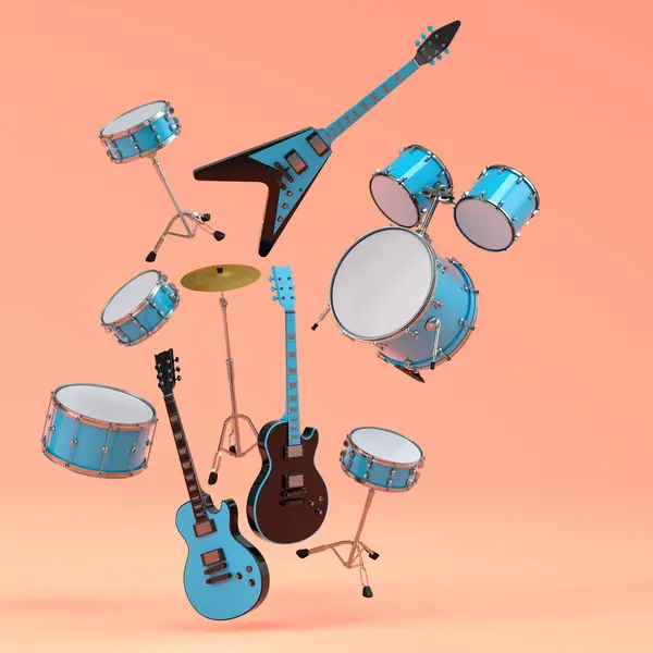 Set of electric acoustic guitars and drums with metal cymbals on purple background. 3d render of musical percussion instrument, drum machine and drumset with heavy metal guitar for rock festival