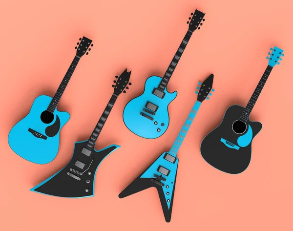 Set of electric acoustic guitars isolated on orange background. 3d render of concept for rock festival poster with heavy metal guitar for music shop