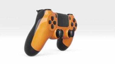 Beyaz arka planda dönen gerçekçi siyah oyun joystickleri ya da oyun pedleri. Bulut oyunu ve oyun alanı çalışma alanı konsepti için 3B yayın ekipmanı oluşturma