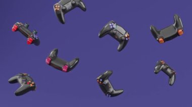 Mor arka planda dönen ve düşen gerçekçi siyah oyun joystickleri ya da gamepad 'leri. Bulut oyunu ve oyun alanı çalışma alanı konsepti için 3B yayın ekipmanı oluşturma