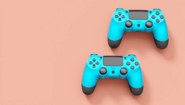 Pembe arka planda gerçekçi mavi oyun joystickleri veya oyun pedleri. Bulut oyunu ve oyun alanı çalışma alanı konsepti için 3 boyutlu görüntüleme