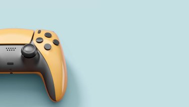 Gri arka planda gerçekçi sarı oyun joystickleri ya da oyun pedleri. Bulut oyunu ve oyun alanı çalışma alanı konsepti için 3 boyutlu görüntüleme