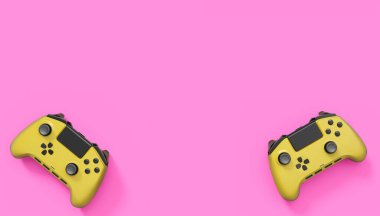 Pembe arka planda gerçekçi sarı video oyunu joystickleri ya da oyun pedleri. Bulut oyunu ve oyun alanı çalışma alanı konsepti için 3 boyutlu görüntüleme