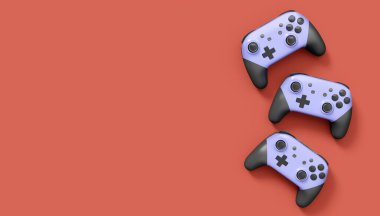 Gerçekçi gri video oyunu joystickleri ya da kırmızı arka planda oyun pedleri. Bulut oyunu ve oyun alanı çalışma alanı konsepti için 3 boyutlu görüntüleme