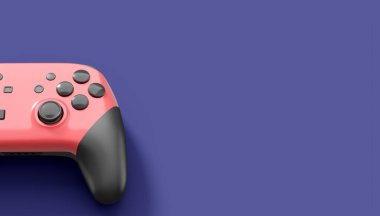 Gerçekçi pembe video oyunu joystickleri ya da menekşe arka planda oyun pedleri. Bulut oyunu ve oyun alanı çalışma alanı konsepti için 3 boyutlu görüntüleme