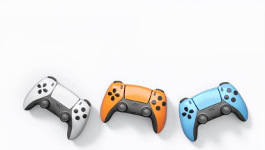 Gerçekçi renkli video oyunu joystickleri ya da beyaz arka planda renk düğmeleri olan gamepad 'ler. Bulut oyunu ve oyun alanı çalışma alanı konsepti için 3 boyutlu görüntüleme