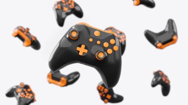 Siyah oyun joystickleri ya da oyun koruyucuları beyaz arka planda döner ve düşer. Bulut oyunu ve oyun alanı çalışma alanı konsepti için 3B yayın ekipmanı oluşturma