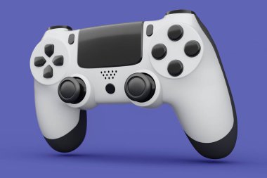 Gerçekçi beyaz video oyunu joystick 'i ya da menekşe arka planda oyun platformu. Bulut oyunu ve oyun alanı çalışma alanı konsepti için 3 boyutlu görüntüleme