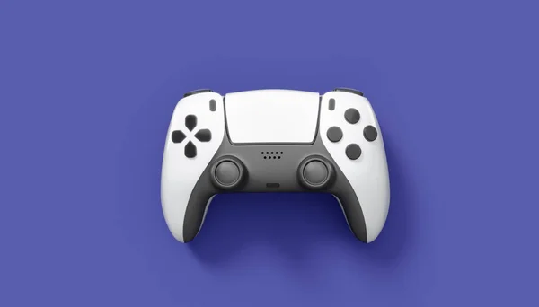 Realistic white video game joystick or gamepad on violet background. 3D rendering of streaming gear for cloud gaming and gamer workspace concept