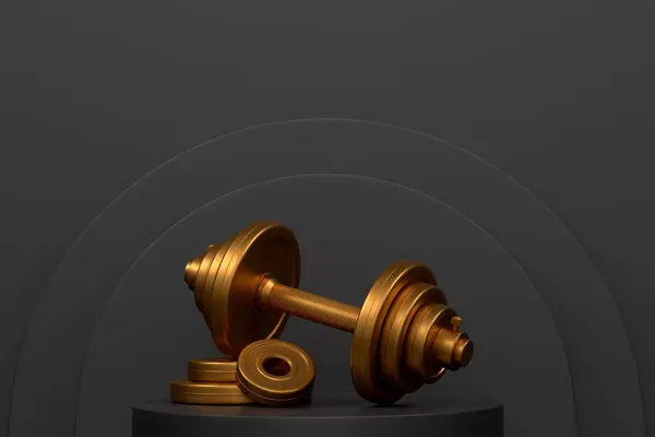 Dumbbell with metal disks on cylinder podium with steps on monochrome background. 3d render of display product like sport accessories for team playing