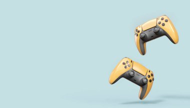 Gri arka planda gerçekçi sarı oyun joystickleri ya da oyun pedleri. Bulut oyunu ve oyun alanı çalışma alanı konsepti için 3 boyutlu görüntüleme