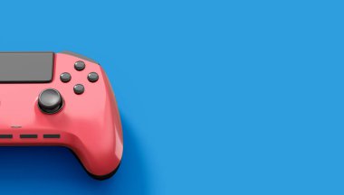 Gerçekçi kırmızı video oyunu joystickleri ya da mavi arka planda oyun pedleri. Bulut oyunu ve oyun alanı çalışma alanı konsepti için 3 boyutlu görüntüleme