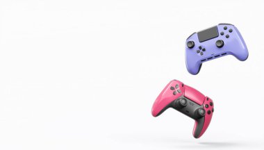 Gerçekçi renkli video oyunu joystickleri ya da beyaz arka planda renk düğmeleri olan gamepad 'ler. Bulut oyunu ve oyun alanı çalışma alanı konsepti için 3 boyutlu görüntüleme