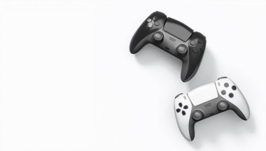 Gerçekçi renkli video oyunu joystickleri ya da beyaz arka planda renk düğmeleri olan gamepad 'ler. Bulut oyunu ve oyun alanı çalışma alanı konsepti için 3 boyutlu görüntüleme