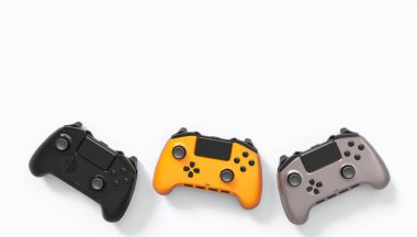 Gerçekçi renkli video oyunu joystickleri ya da beyaz arka planda renk düğmeleri olan gamepad 'ler. Bulut oyunu ve oyun alanı çalışma alanı konsepti için 3 boyutlu görüntüleme