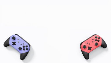 Gerçekçi renkli video oyunu joystickleri ya da beyaz arka planda renk düğmeleri olan gamepad 'ler. Bulut oyunu ve oyun alanı çalışma alanı konsepti için 3 boyutlu görüntüleme