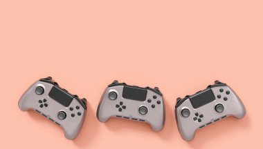 Pembe arka planda gerçekçi gri video oyunu joystickleri ya da oyun pedleri. Bulut oyunu ve oyun alanı çalışma alanı konsepti için 3 boyutlu görüntüleme