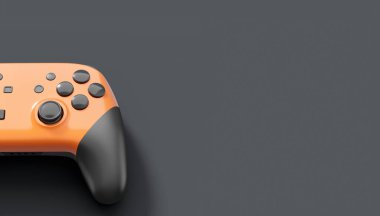 Siyah arka planda gerçekçi turuncu oyun joystickleri ya da oyun pedleri. Bulut oyunu ve oyun alanı çalışma alanı konsepti için 3 boyutlu görüntüleme