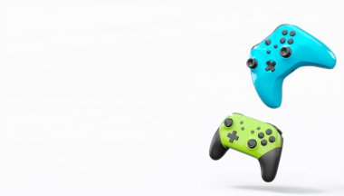 Gerçekçi renkli video oyunu joystickleri ya da beyaz arka planda renk düğmeleri olan gamepad 'ler. Bulut oyunu ve oyun alanı çalışma alanı konsepti için 3 boyutlu görüntüleme
