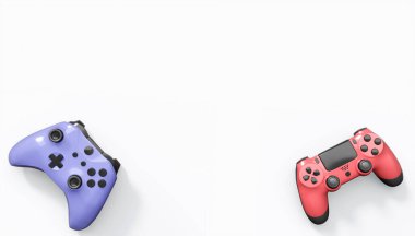 Gerçekçi renkli video oyunu joystickleri ya da beyaz arka planda renk düğmeleri olan gamepad 'ler. Bulut oyunu ve oyun alanı çalışma alanı konsepti için 3 boyutlu görüntüleme