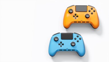 Gerçekçi renkli video oyunu joystickleri ya da beyaz arka planda renk düğmeleri olan gamepad 'ler. Bulut oyunu ve oyun alanı çalışma alanı konsepti için 3 boyutlu görüntüleme