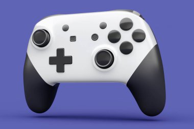 Gerçekçi beyaz video oyunu joystick 'i ya da menekşe arka planda oyun platformu. Bulut oyunu ve oyun alanı çalışma alanı konsepti için 3 boyutlu görüntüleme