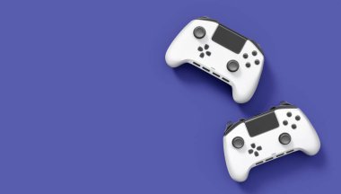 Gerçekçi beyaz video oyunu joystickleri ya da menekşe arka planda oyun pedleri. Bulut oyunu ve oyun alanı çalışma alanı konsepti için 3 boyutlu görüntüleme