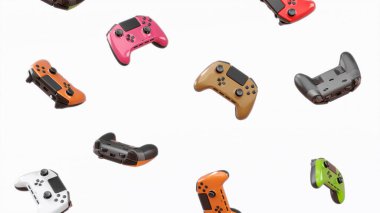 Siyah oyun joystickleri ya da oyun koruyucuları beyaz arka planda döner ve düşer. Bulut oyunu ve oyun alanı çalışma alanı konsepti için 3B yayın ekipmanı oluşturma