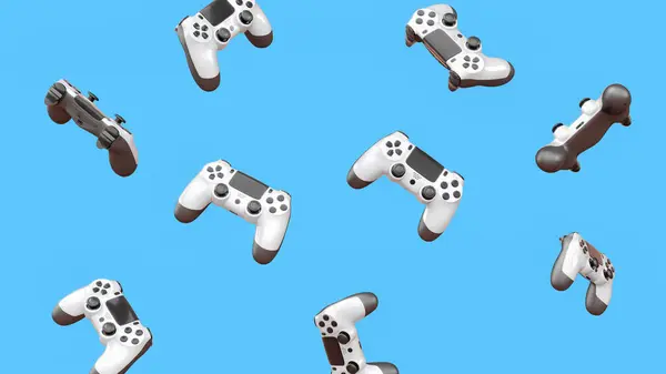 Realistic black video game joysticks or gamepads rotating and falling on blue background. 3D render of streaming gear for cloud gaming and gamer workspace concept