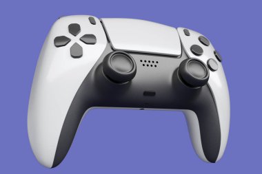 Gerçekçi beyaz video oyunu joystick 'i ya da menekşe arka planda oyun platformu. Bulut oyunu ve oyun alanı çalışma alanı konsepti için 3 boyutlu görüntüleme