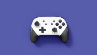 Gerçekçi beyaz video oyunu joystick 'i ya da menekşe arka planda oyun platformu. Bulut oyunu ve oyun alanı çalışma alanı konsepti için 3 boyutlu görüntüleme