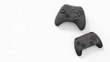 Gerçekçi renkli video oyunu joystickleri ya da beyaz arka planda renk düğmeleri olan gamepad 'ler. Bulut oyunu ve oyun alanı çalışma alanı konsepti için 3 boyutlu görüntüleme