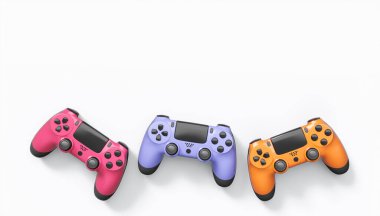 Gerçekçi renkli video oyunu joystickleri ya da beyaz arka planda renk düğmeleri olan gamepad 'ler. Bulut oyunu ve oyun alanı çalışma alanı konsepti için 3 boyutlu görüntüleme
