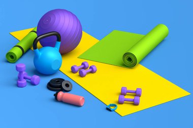 Yoga minderi, kettlebell, fitness topu ve mavi arka plandaki akıllı saatler gibi spor malzemelerinin farklı bir görüntüsü. Güç kaldırma ve zindelik kavramının 3 boyutlu canlandırması