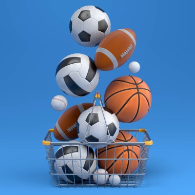 Basketbol, Amerikan futbolu ve golf takımları mavi arka planda alışveriş sepetinde. Takım oyunları için 3 boyutlu spor aksesuarları hazırlama