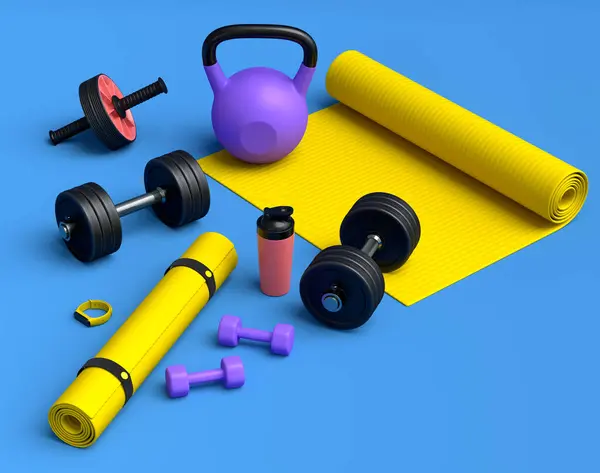 Isometric view of sport equipment like yoga mat, kettlebell, fitness ball and smart watches on blue background. 3d render of power lifting and fitness concept