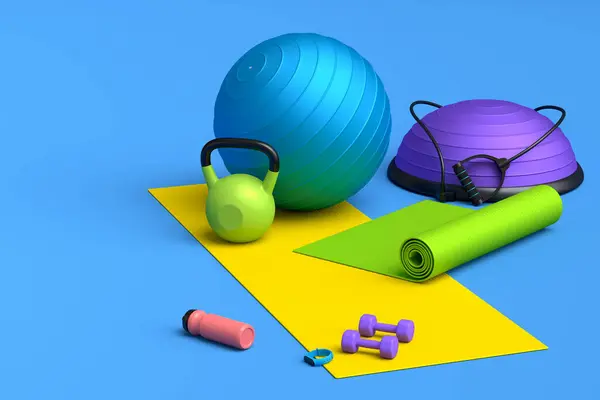 Isometric view of sport equipment like yoga mat, kettlebell, fitness ball and smart watches on blue background. 3d render of power lifting and fitness concept