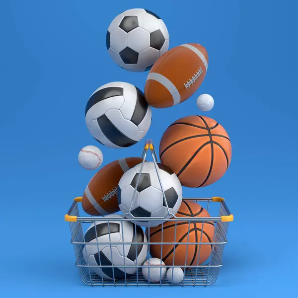 Set of ball like basketball, american football and golf in shopping basket on blue background. 3d rendering of sport accessories for team playing games