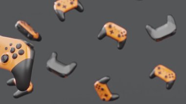 Siyah oyun joystickleri ya da oyun koruyucuları siyah arka planda döner ve düşer. Bulut oyunu ve oyun alanı çalışma alanı konsepti için 3B yayın ekipmanı oluşturma