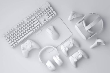 Fare, klavye, joystick, kulaklık ve VR gözlükleri gibi üst düzey oyuncu dişlileri monokrom arka planda. Canlı yayın konsepti için 3D aksesuar hazırlama