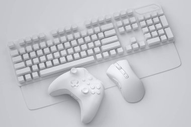 Tek renkli arka planda fare, klavye, joystick ve fare gibi üst görünüm oyuncuları. Canlı yayın konsepti için 3D aksesuar hazırlama