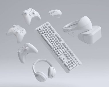 VR gözlükleri, klavye, joystick, kulaklık ve mikrofon gibi üst düzey oyuncu dişlileri monokrom arka planda. Canlı yayın konsepti için 3D aksesuar hazırlama