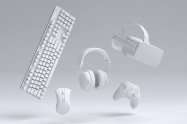 Fare, klavye, joystick, kulaklık ve VR gözlükleri gibi üst düzey oyuncu dişlileri monokrom arka planda. Canlı yayın konsepti için 3D aksesuar hazırlama