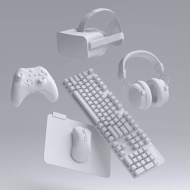 VR gözlükleri, klavye, joystick, kulaklık ve mikrofon gibi üst düzey oyuncu dişlileri monokrom arka planda. Canlı yayın konsepti için 3D aksesuar hazırlama