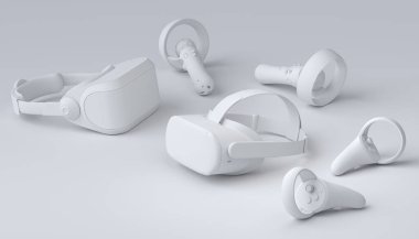 Üst görünüm sanal gerçeklik gözlükleri ve kontrol cihazları online ve mor arka planda bulut oyunları için. Artırılmış gerçeklikte sanal tasarım için 3B görüntüleme aygıtı veya VR içindeki sanal oyun