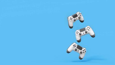 Gerçekçi beyaz video oyunu joystickleri ya da mavi arka planda oyun pedleri. Bulut oyunu ve oyun alanı çalışma alanı konsepti için 3 boyutlu görüntüleme