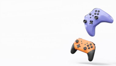 Gerçekçi renkli video oyunu joystickleri ya da beyaz arka planda renk düğmeleri olan gamepad 'ler. Bulut oyunu ve oyun alanı çalışma alanı konsepti için 3 boyutlu görüntüleme